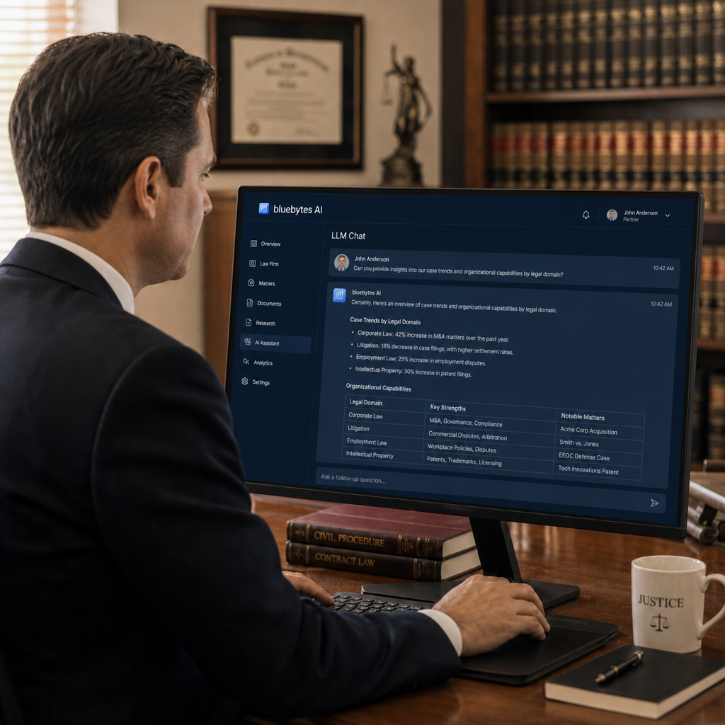 BlueBytes AI legal intelligence chat interface in a law office