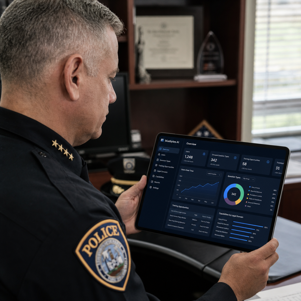 BlueBytes platform showing AI legal intelligence analysis for law enforcement